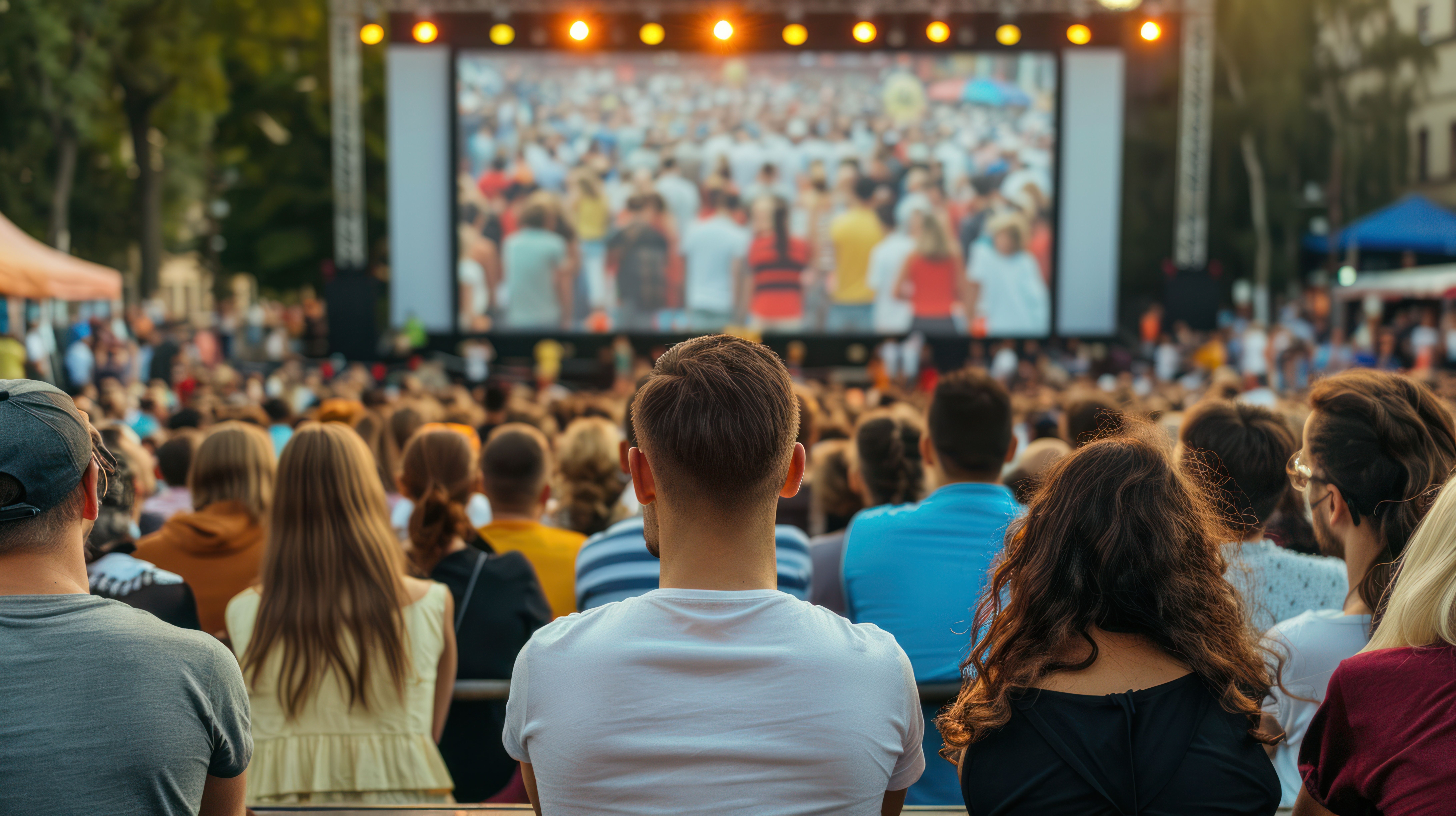 Crowds of supporters filling a town square, eagerly watching the big screen with excitement and anticipation during a public viewing event. service sécurité valais entreprise permanence