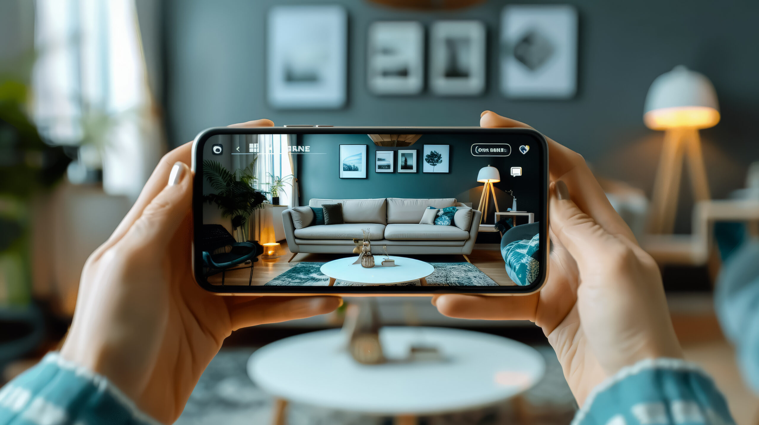 Person is holding a phone and looking at a picture of a living room vidéosurveillance particuliers valais