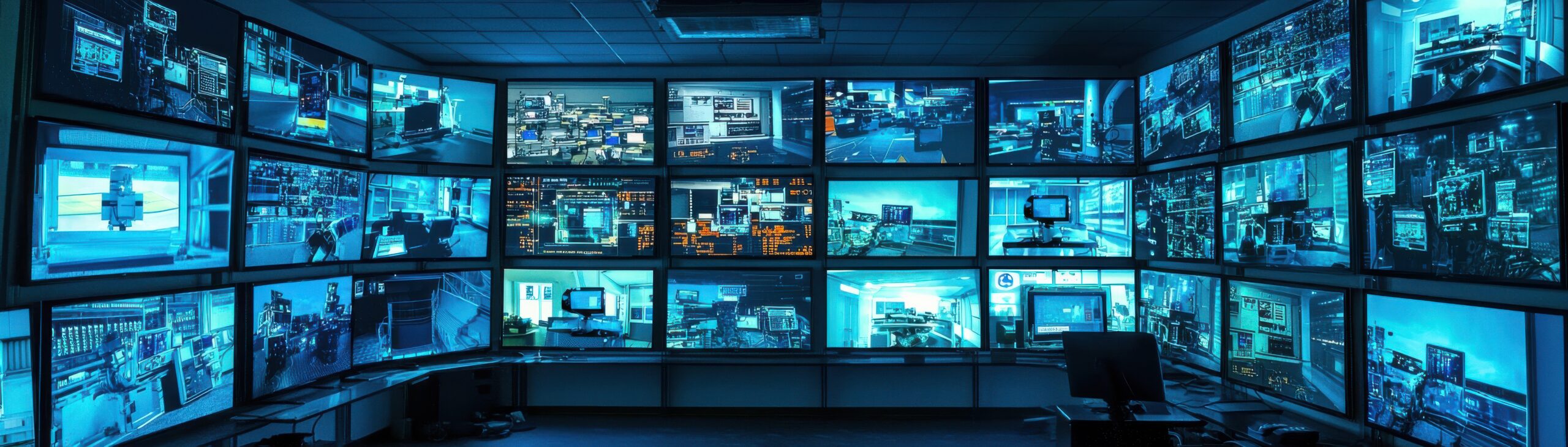 A high-tech control room filled with multiple screens displaying surveillance footage and data analysis. particuliers_masecurite_initiale