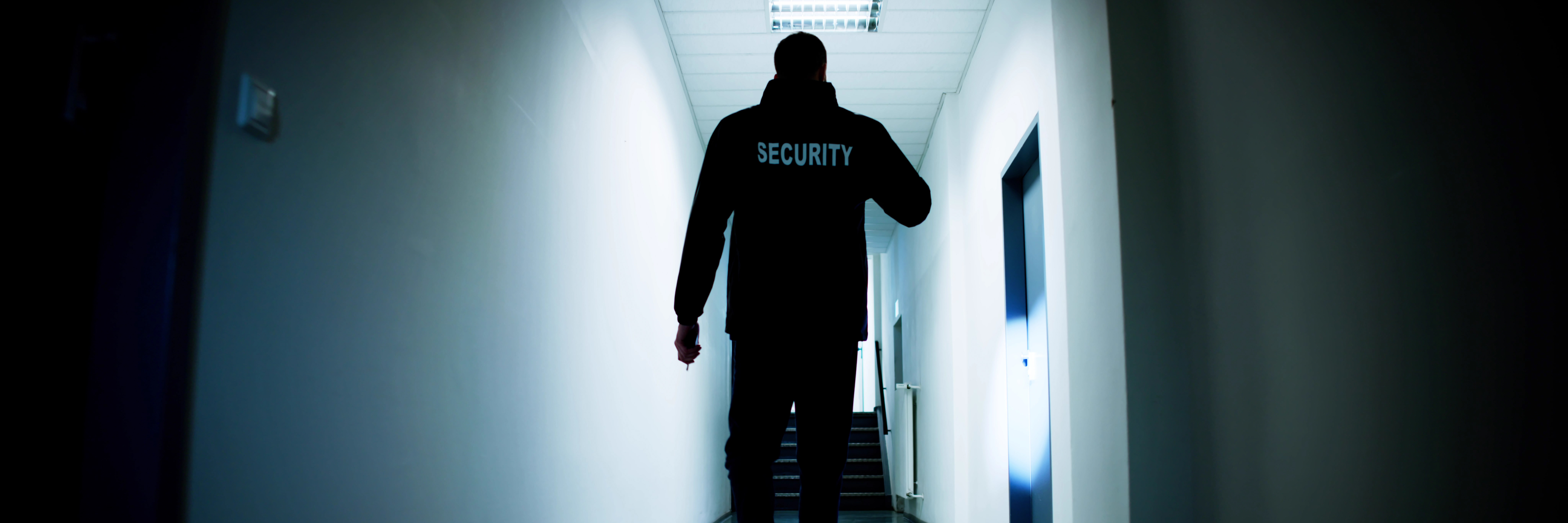 Male Security Guard Holding Flashlight Standing In Corridor